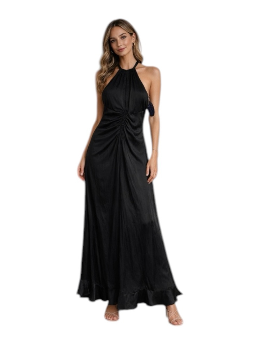 Scoop Black Halter Maxi Dress Ruched Front Size L 12-14 NWT